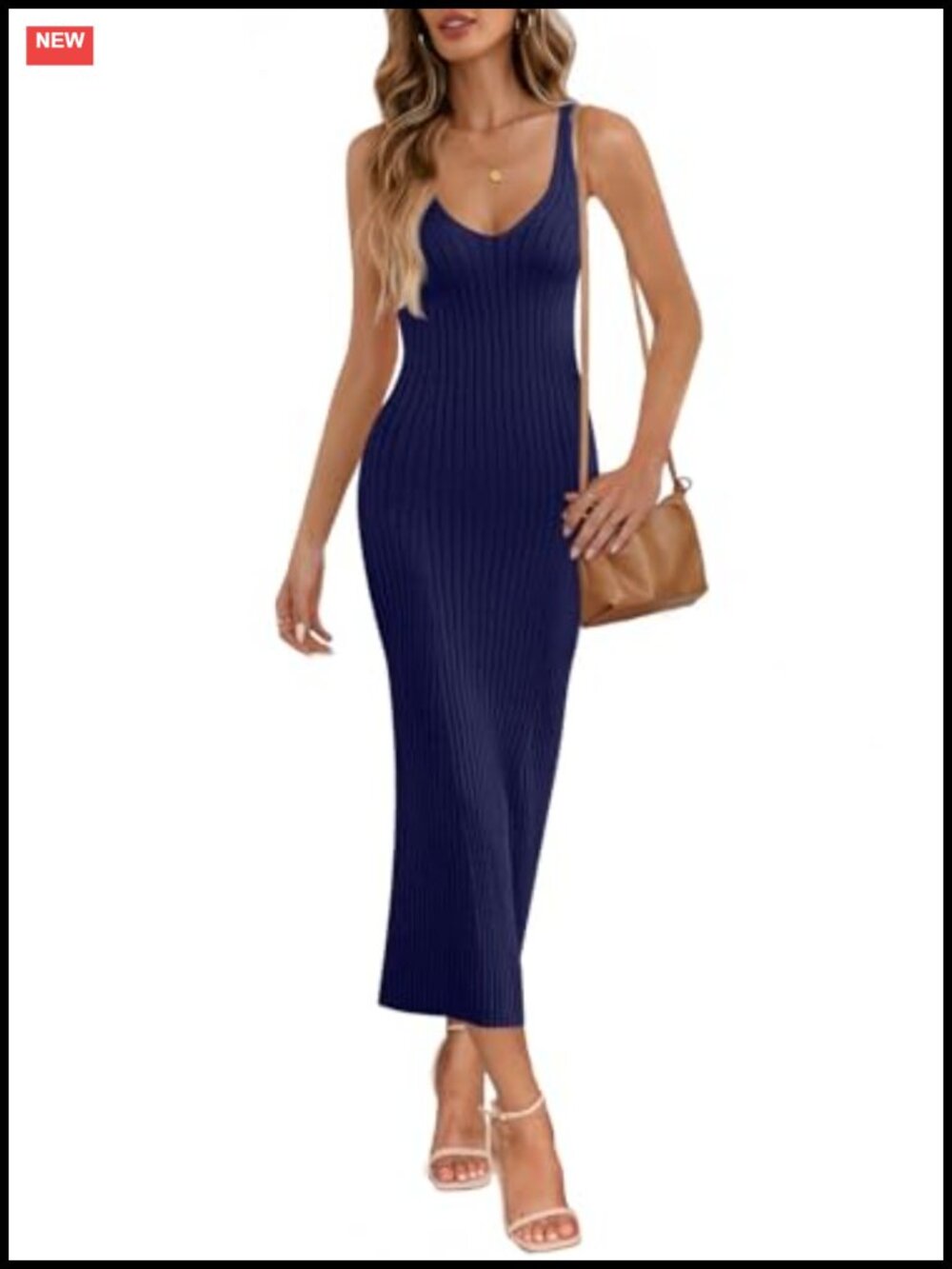 Sleeveless Knit Midi Bodycon Dress Deep V Neck Ribbed